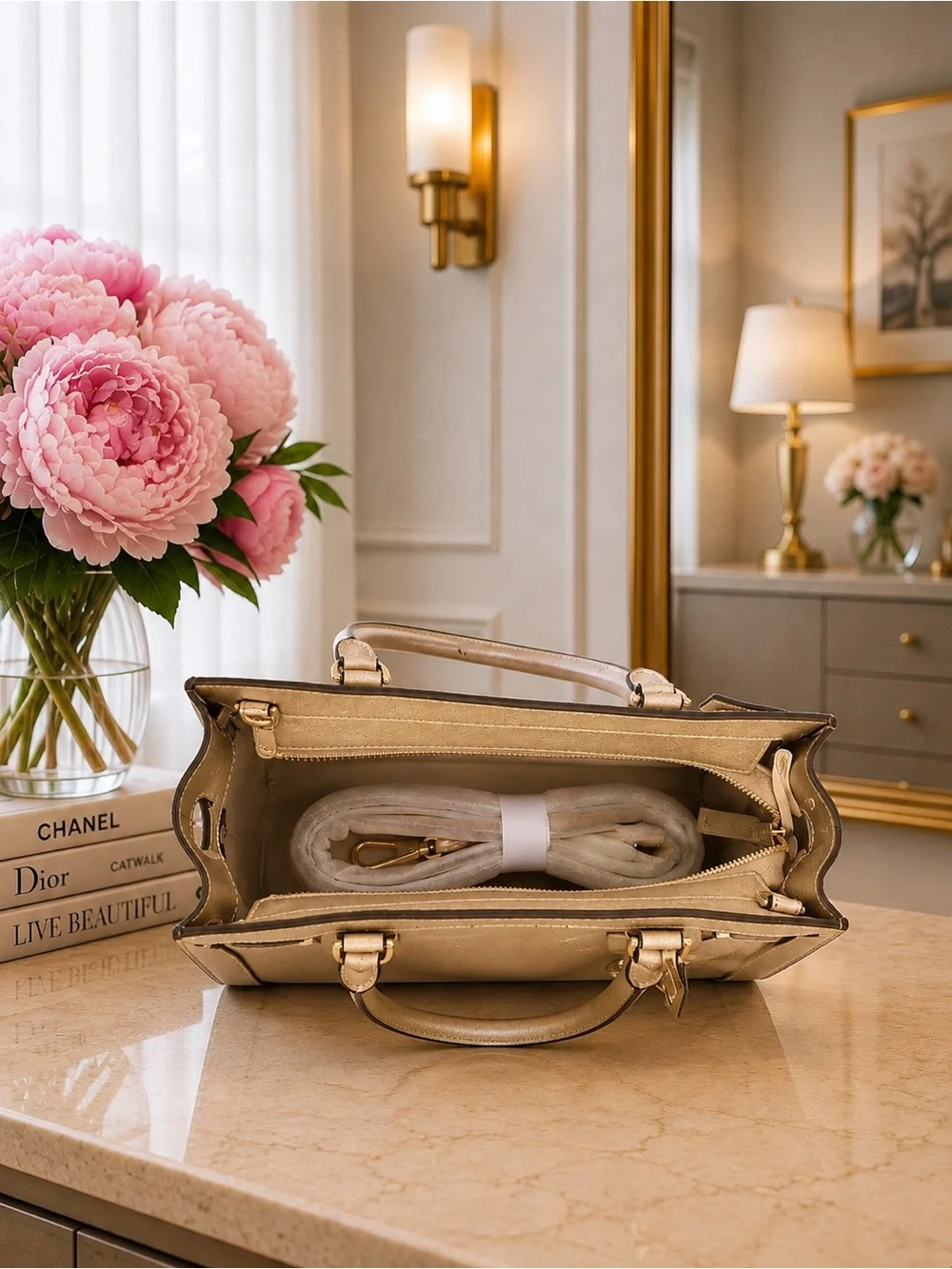 NWOT Michael Kors Dillon Large Top-Zip Satchel | Pale Gold Saffiano Leather